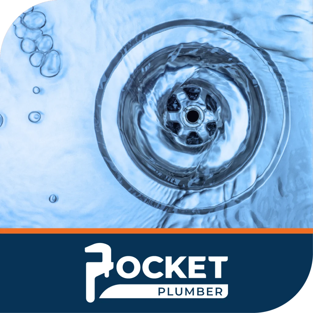 Water swirls down a drain with bubbles on the surface, above the "Pocket Plumber" logo