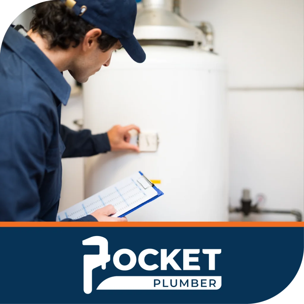 A plumber in a blue cap inspects a white water tank, holding a clipboard and pen, above the "Pocket Plumber" logo
