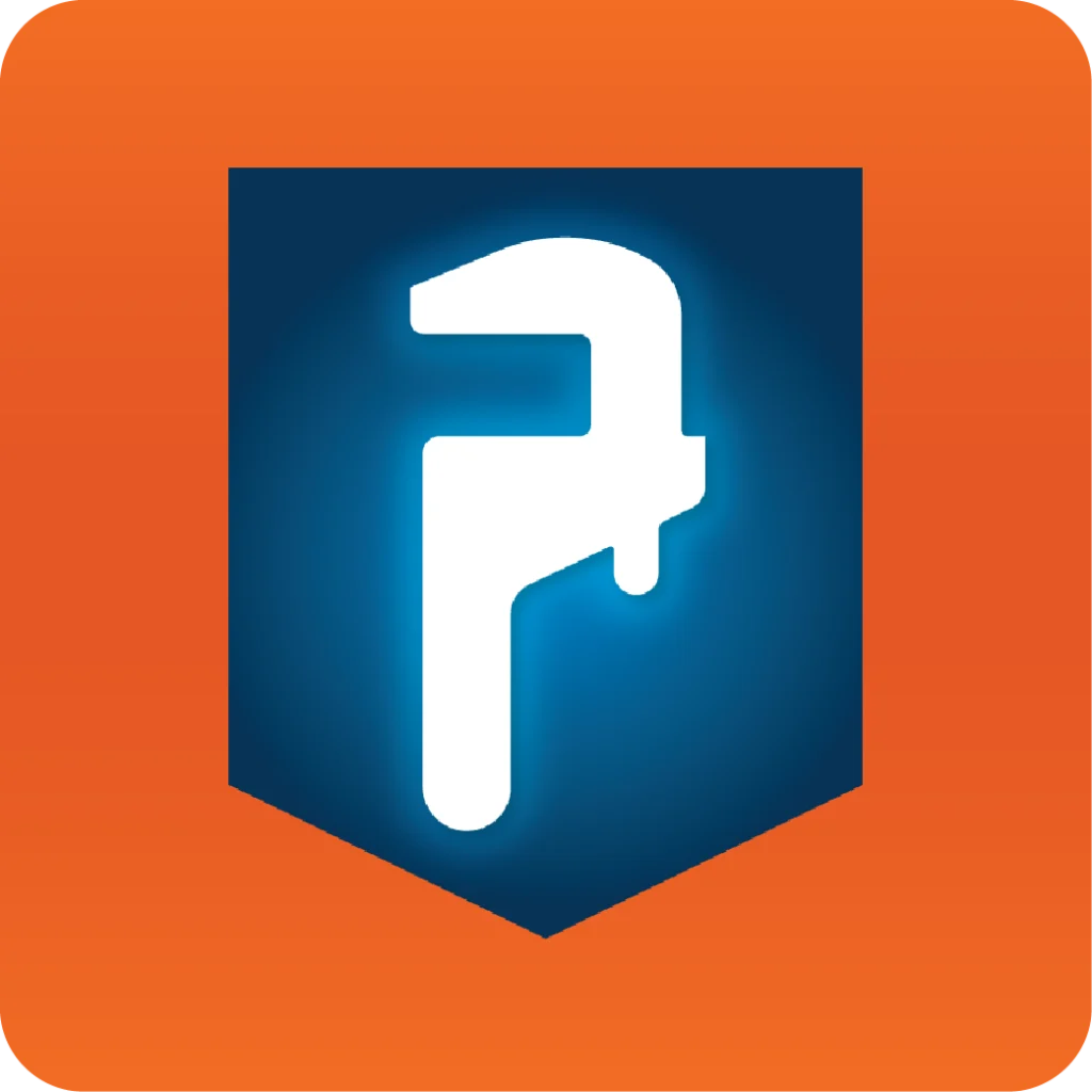 A white wrench icon with a blue glow is centered on a dark blue shield with a subtle gradient, all on an orange background